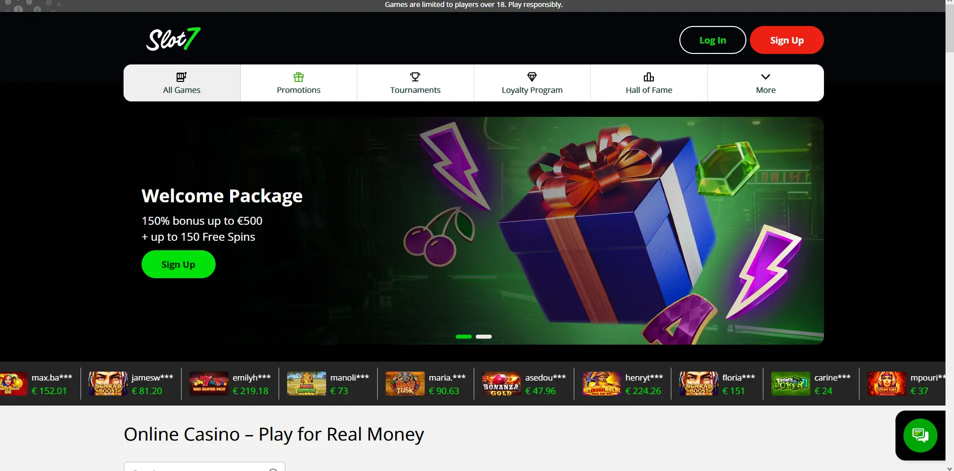 Domovská stránka online kasina Slot7 s uvítacím balíčkem a nabídkou automatů